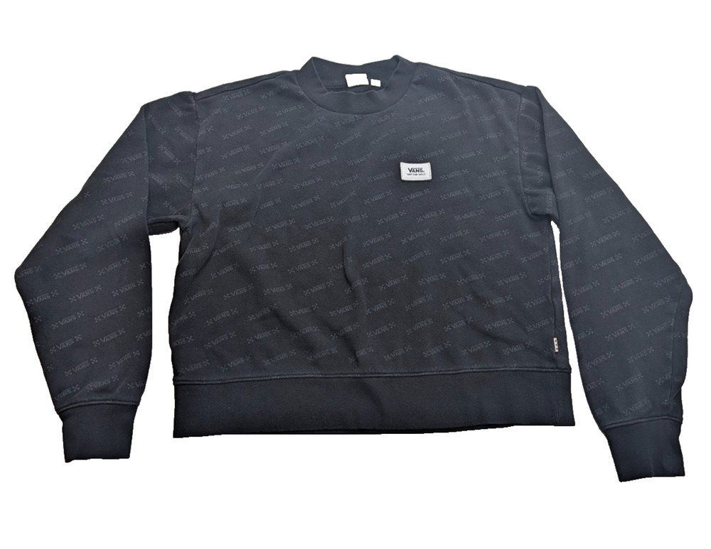 Vans Cropped Sweatshirt Women's Extra Small Pullover Patch AOP Logo Black XS
